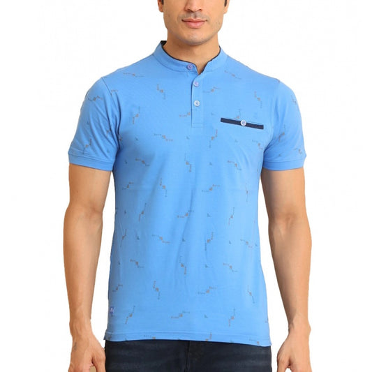 PKRKART Men's Casual Cotton Printed Mandarin Collar Half Sleeve T-Shirt (LightBlue)
