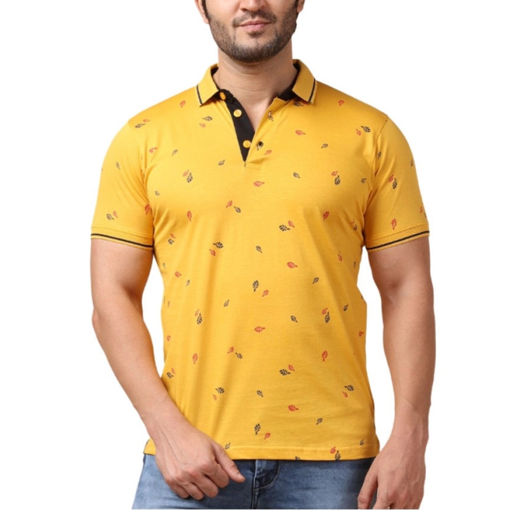 PKRKART Men's Casual Cotton Printed Polo Neck Half Sleeve T-Shirt (Mustard)