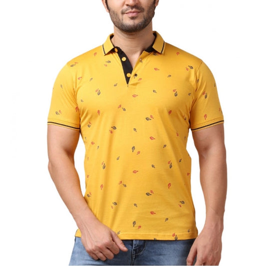 PKRKART Men's Casual Cotton Printed Polo Neck Half Sleeve T-Shirt (Mustard)