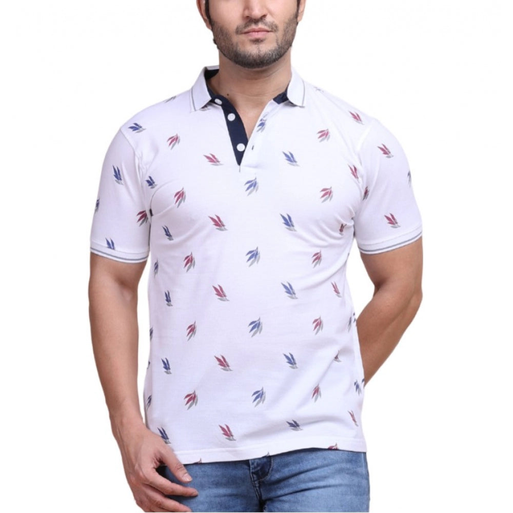 PKRKART Men's Casual Cotton Printed Polo Neck Half Sleeve T-Shirt (White)