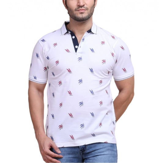 PKRKART Men's Casual Cotton Printed Polo Neck Half Sleeve T-Shirt (White)