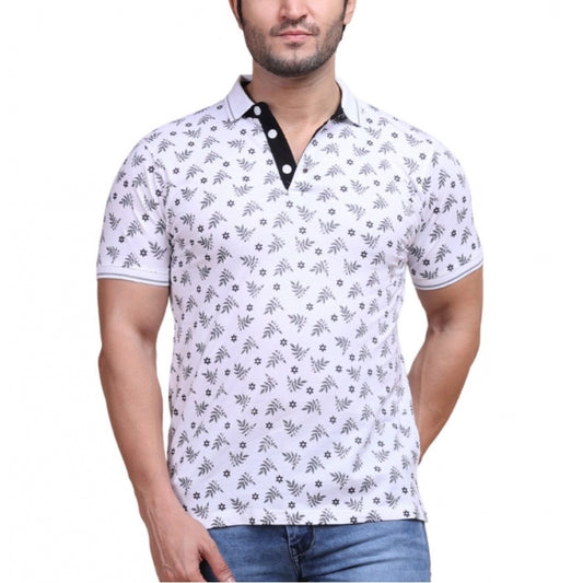 PKRKART Men's Casual Cotton Printed Polo Neck Half Sleeve T-Shirt (White)
