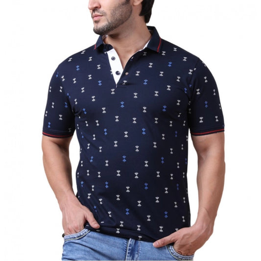 PKRKART Men's Casual Cotton Printed Polo Neck Half Sleeve T-Shirt (Navy)