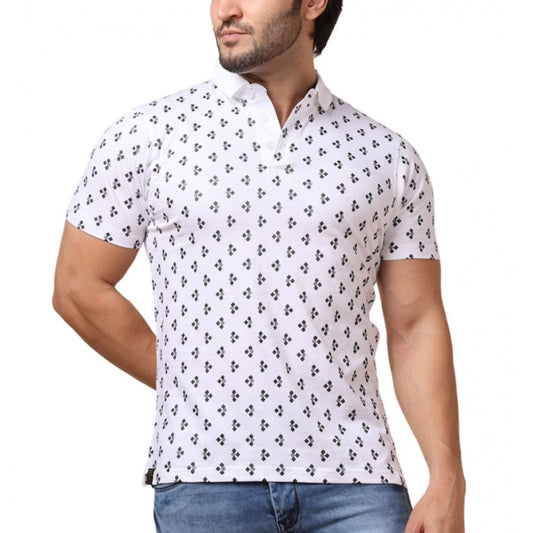 PKRKART Men's Casual Cotton Printed Polo Neck Half Sleeve T-Shirt (White)
