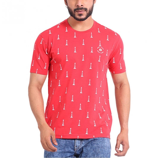 PKRKART Men's Casual Cotton Printed Round Neck Half Sleeve T-Shirt (Red)