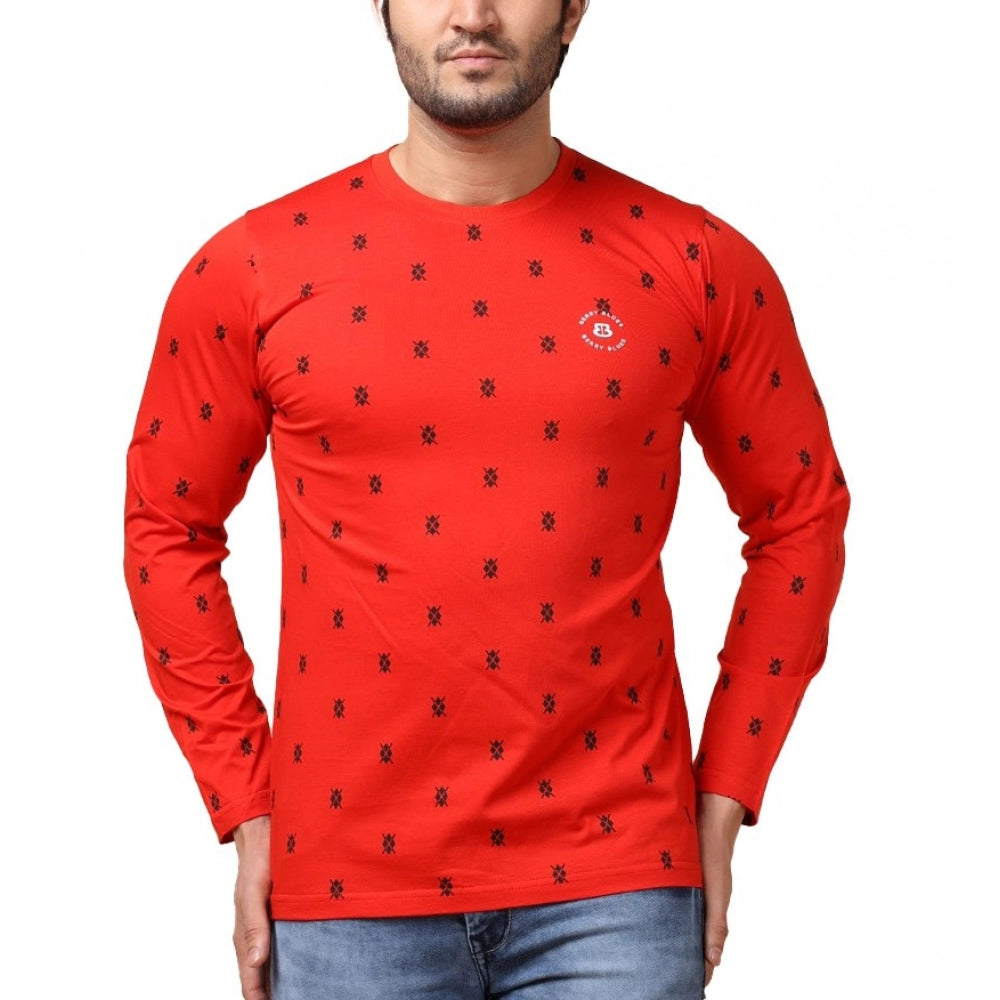 PKRKART Men's Casual Cotton Printed Round Neck Full Sleeve T-Shirt (Red)