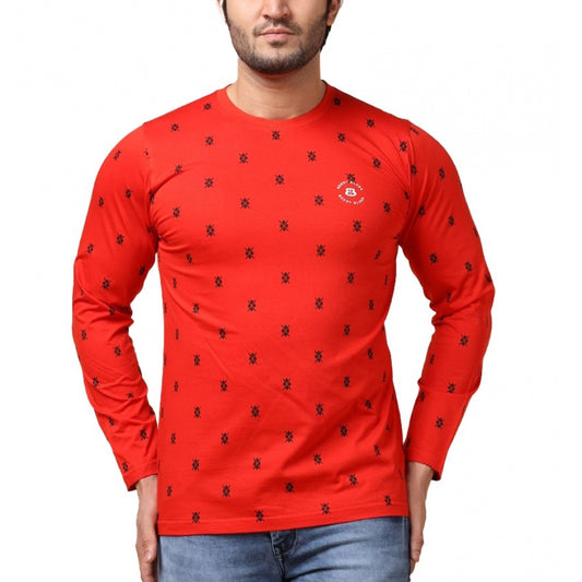 PKRKART Men's Casual Cotton Printed Round Neck Full Sleeve T-Shirt (Red)