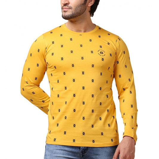 PKRKART Men's Casual Cotton Printed Round Neck Full Sleeve T-Shirt (Mustard)