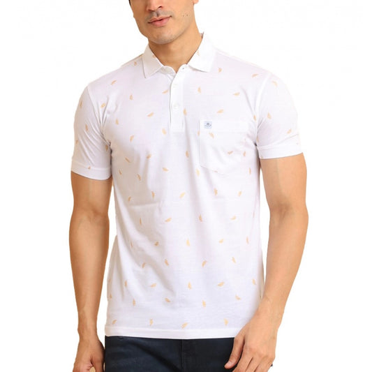 PKRKART Men's Casual Cotton Printed Polo Neck Half Sleeve T-Shirt (White)