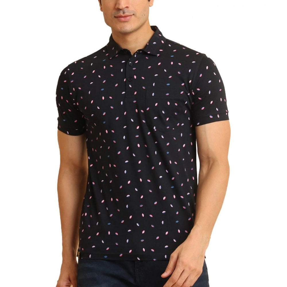 PKRKART Men's Casual Cotton Printed Polo Neck Half Sleeve T-Shirt (Black)