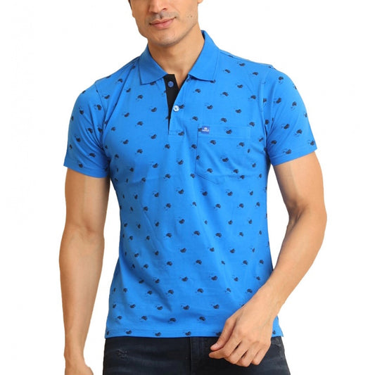 PKRKART Men's Casual Cotton Printed Polo Neck Half Sleeve T-Shirt (Blue)