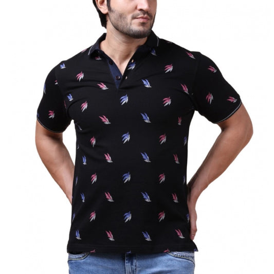 PKRKART Men's Casual Cotton Printed Polo Neck Half Sleeve T-Shirt (Black)