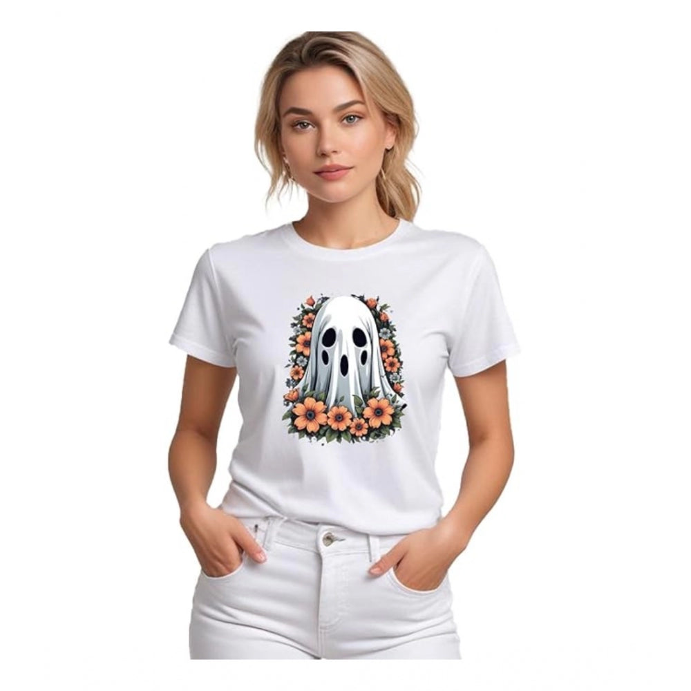 PKRKART Women's Polyester Solid Printed Round Neck Half Sleeve T-shirt (White)