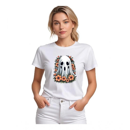 PKRKART Women's Polyester Solid Printed Round Neck Half Sleeve T-shirt (White)