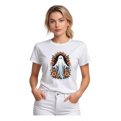PKRKART Women's Polyester Solid Printed Round Neck Half Sleeve T-shirt (White)