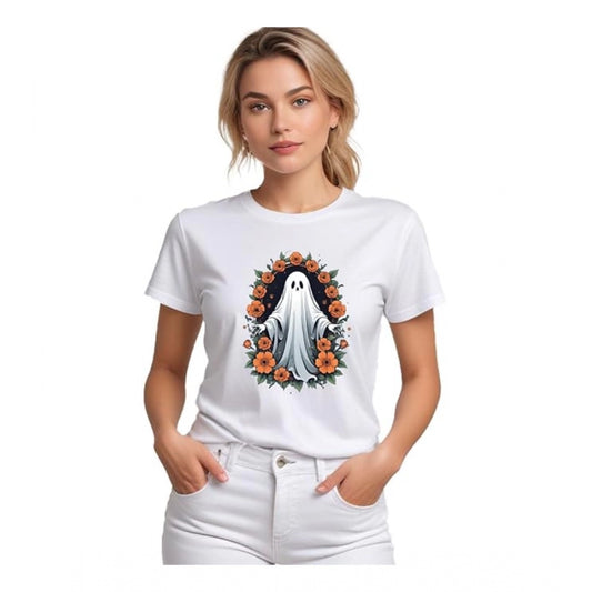 PKRKART Women's Polyester Solid Printed Round Neck Half Sleeve T-shirt (White)