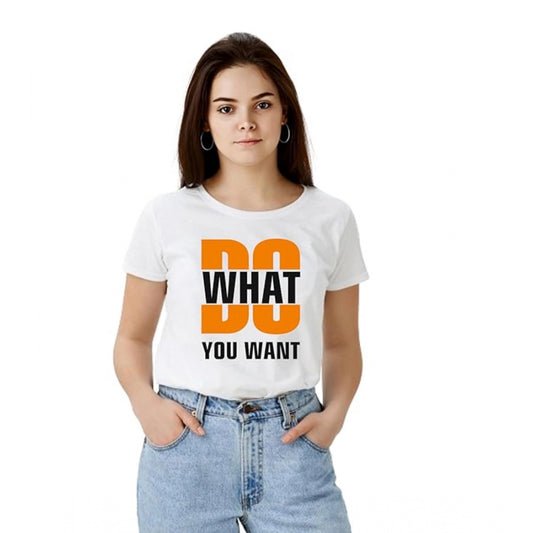 PKRKART Women's Polyester Solid Printed Round Neck Half Sleeve T-shirt (White)