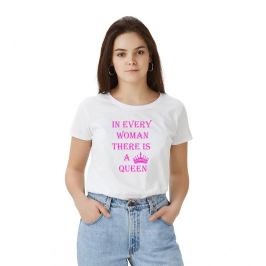 PKRKART Women's Polyester Solid Printed Round Neck Half Sleeve T-shirt (White)