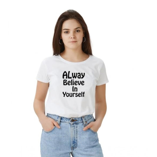 PKRKART Women's Polyester Solid Printed Round Neck Half Sleeve T-shirt (White)
