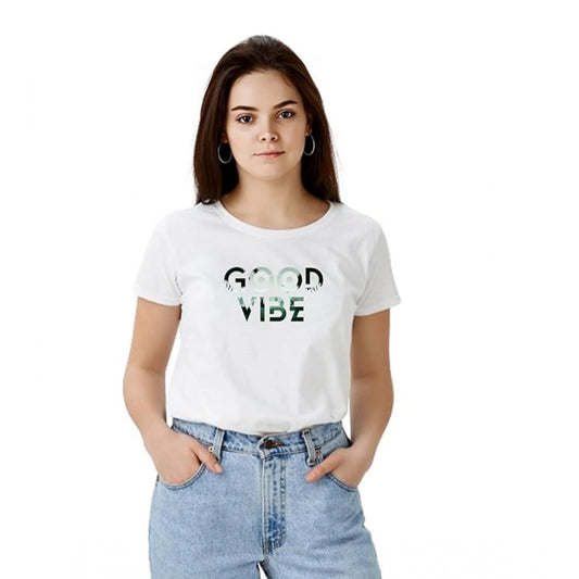 PKRKART Women's Polyester Solid Printed Round Neck Half Sleeve T-shirt (White)