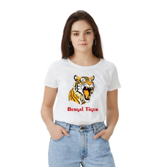 PKRKART Women's Polyester Solid Printed Round Neck Half Sleeve T-shirt (White)