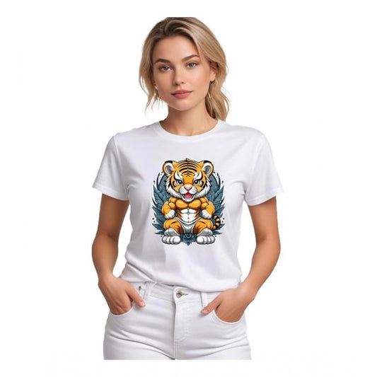 PKRKART Women's Polyester Solid Printed Round Neck Half Sleeve T-shirt (White)