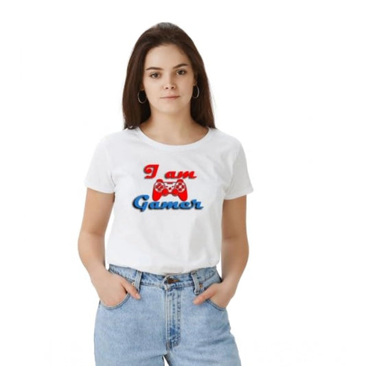 PKRKART Women's Polyester Solid Printed Round Neck Half Sleeve T-shirt (White)