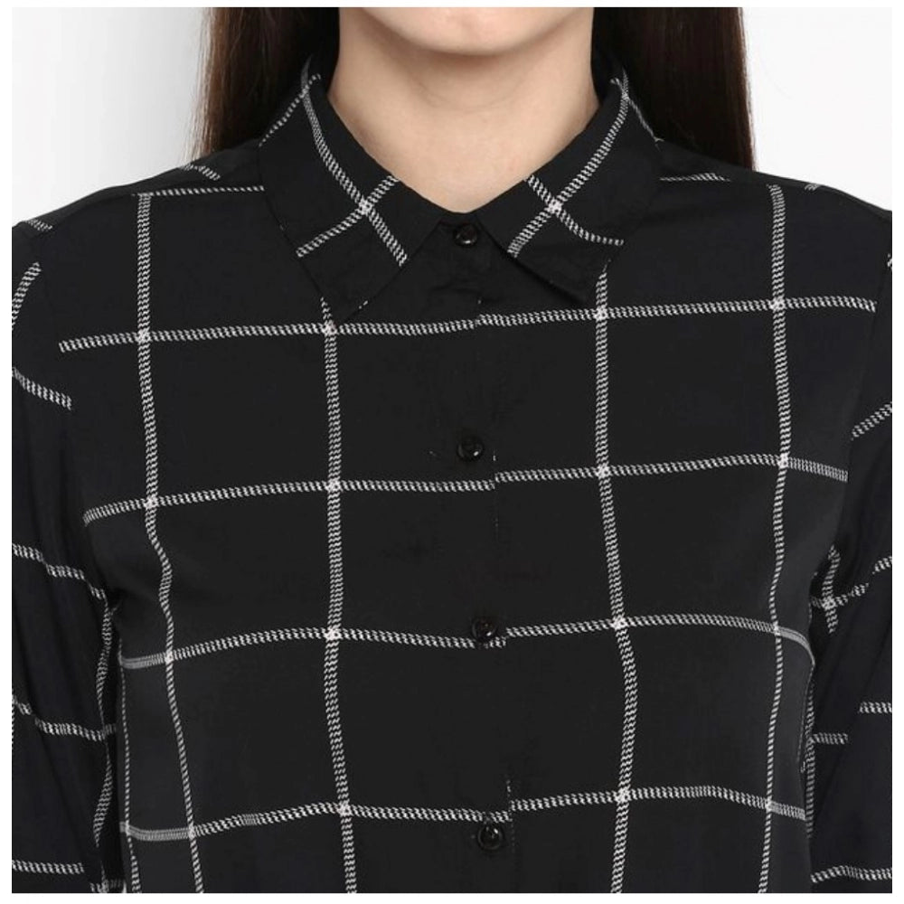 PKRKART Women's Polyester Checkered Roll Up Sleeve Above Knee Dress (Black - White)