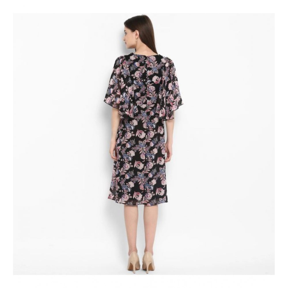 PKRKART Women's Polyester Floral Short Sleeve Knee-Length Dress (Black - Multicolor)