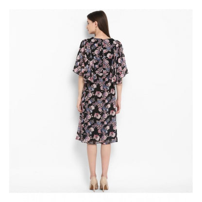 PKRKART Women's Polyester Floral Short Sleeve Knee-Length Dress (Black - Multicolor)