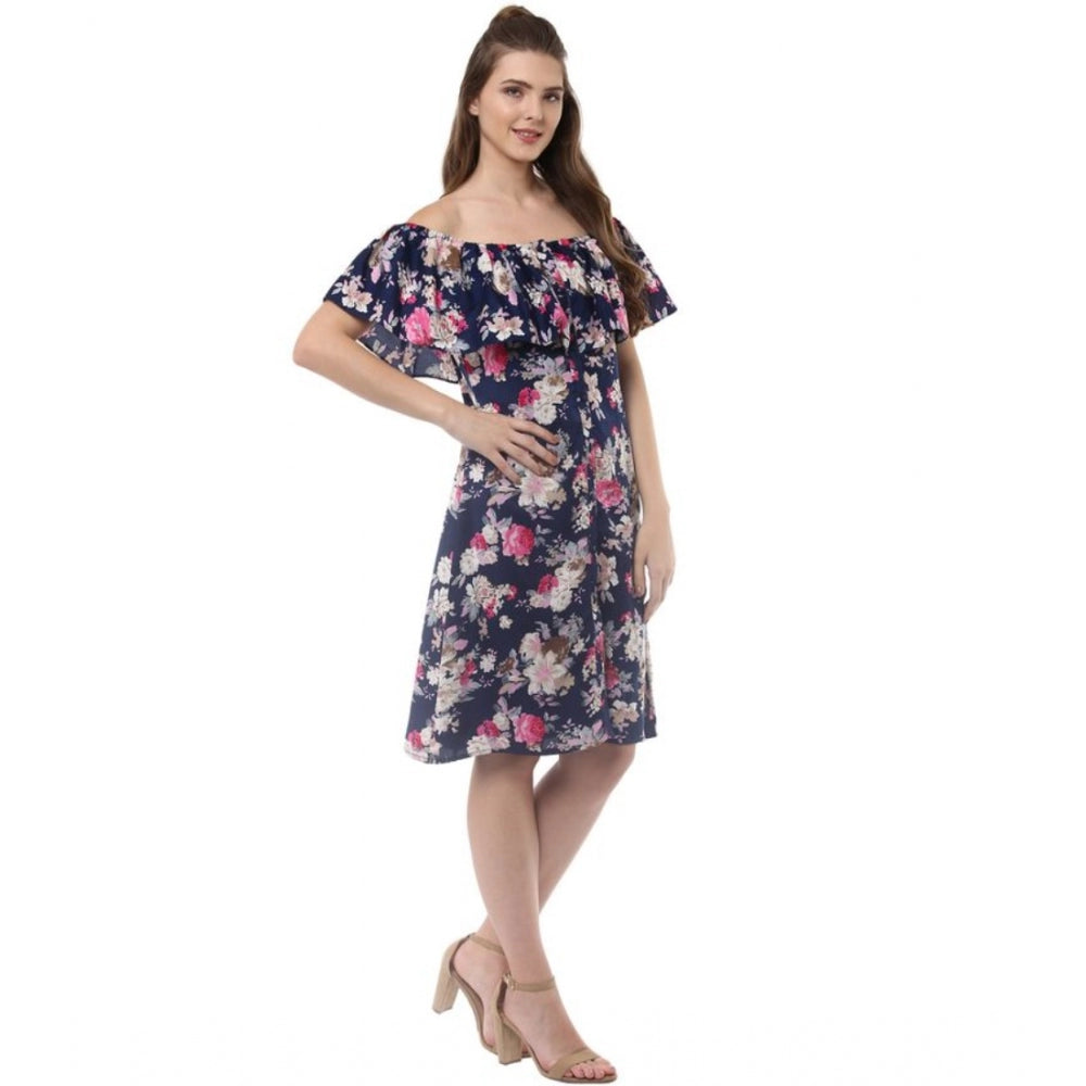 PKRKART Women's Polyester Crepe Floral Half Sleeve Above Knee Dress (Navy Blue)