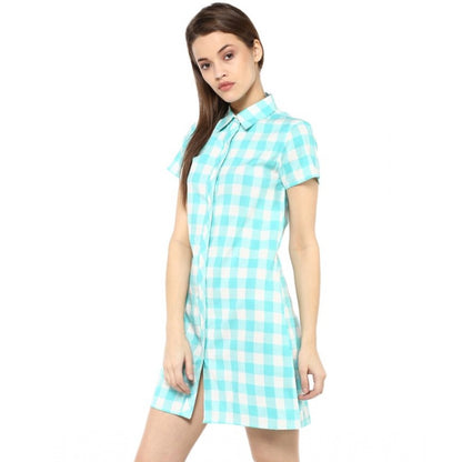 PKRKART Women's Rayon Checkered Short Sleeve Above Knee Dress (SkuBlue - White)