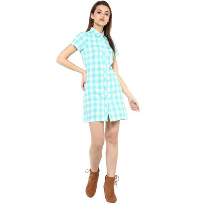 PKRKART Women's Rayon Checkered Short Sleeve Above Knee Dress (SkuBlue - White)