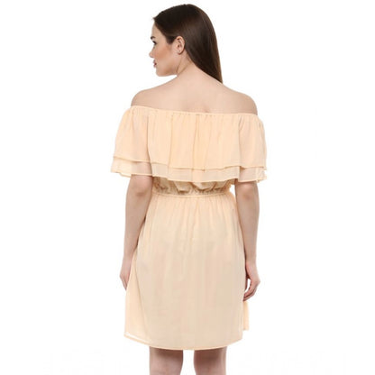 PKRKART Women's Polyester Solid Sleeveless Knee-Length Dress (Beige)