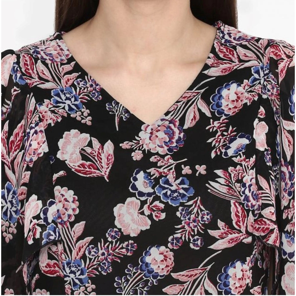 PKRKART Women's Polyester Floral Short Sleeve Knee-Length Dress (Black - Multicolor)