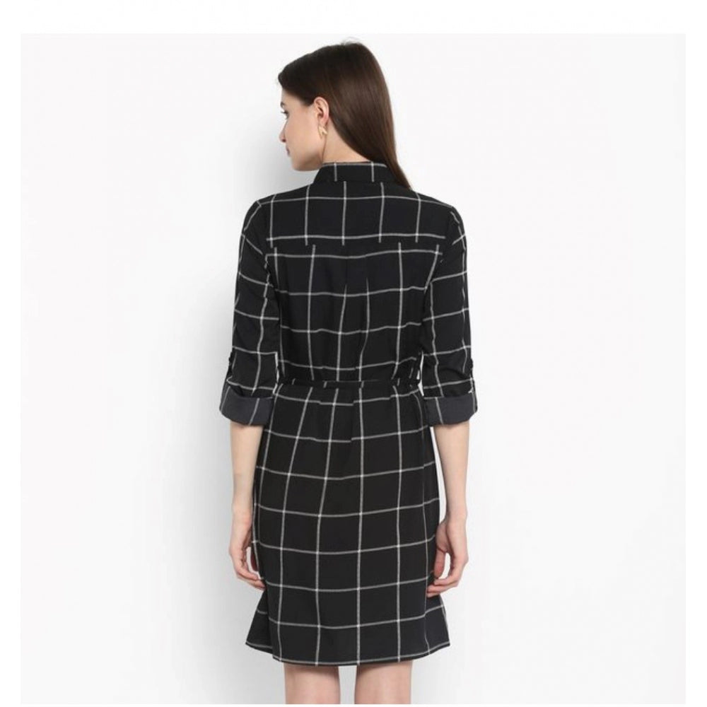 PKRKART Women's Polyester Checkered Roll Up Sleeve Above Knee Dress (Black - White)