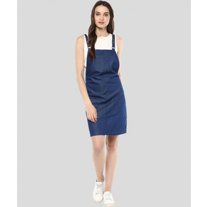 PKRKART Women's Denim Solid Shoulder Straps Above Knee Dress (Blue)