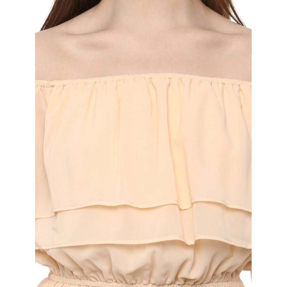 PKRKART Women's Polyester Solid Sleeveless Knee-Length Dress (Beige)