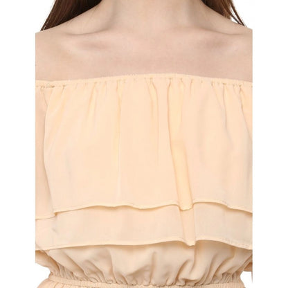 PKRKART Women's Polyester Solid Sleeveless Knee-Length Dress (Beige)