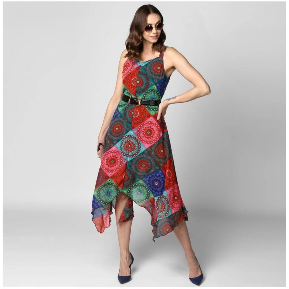 PKRKART Women's Polyester Asymmetrical Shoulder Straps Knee-Length Dress (Multicolor)
