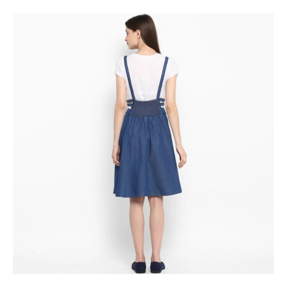 PKRKART Women's Denim Solid Shoulder Straps Below Knee Dress (Blue)
