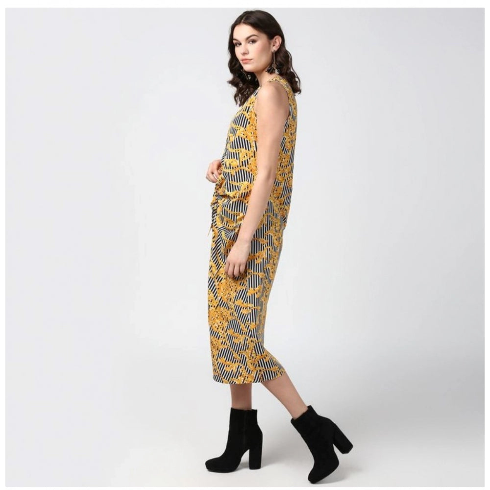 PKRKART Women's Polyester Chain Print Sleeveless Below Knee Dress (Yellow - Black)