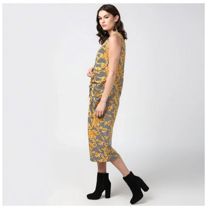 PKRKART Women's Polyester Chain Print Sleeveless Below Knee Dress (Yellow - Black)