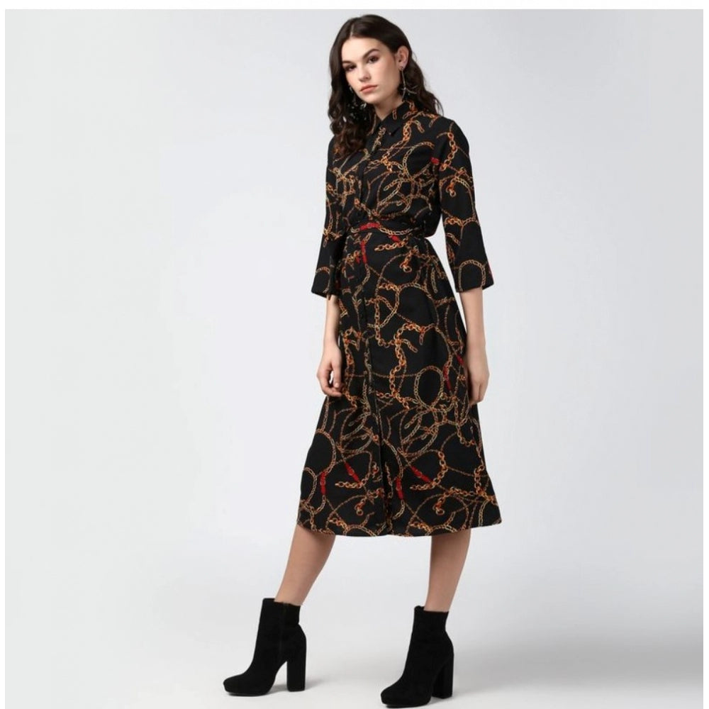 PKRKART Women's Polyester Chain Print Roll Up Sleeve Below Knee Dress (Black - Yellow)