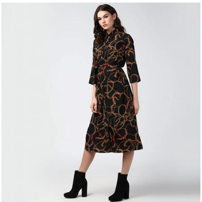 PKRKART Women's Polyester Chain Print Roll Up Sleeve Below Knee Dress (Black - Yellow)