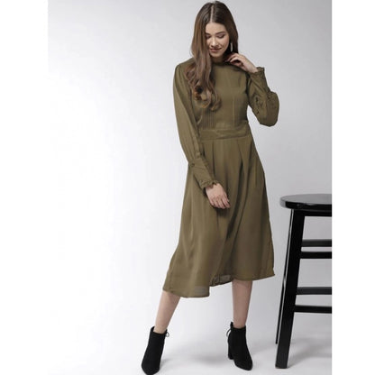 PKRKART Women's Polyester Pintuck Long Sleeves Below Knee Dress (Olive)