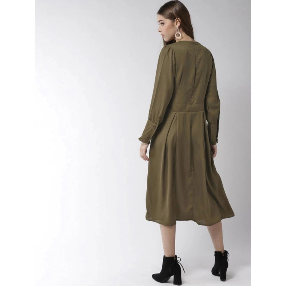 PKRKART Women's Polyester Pintuck Long Sleeves Below Knee Dress (Olive)