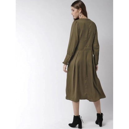 PKRKART Women's Polyester Pintuck Long Sleeves Below Knee Dress (Olive)