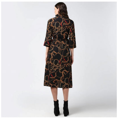 PKRKART Women's Polyester Chain Print Roll Up Sleeve Below Knee Dress (Black - Yellow)