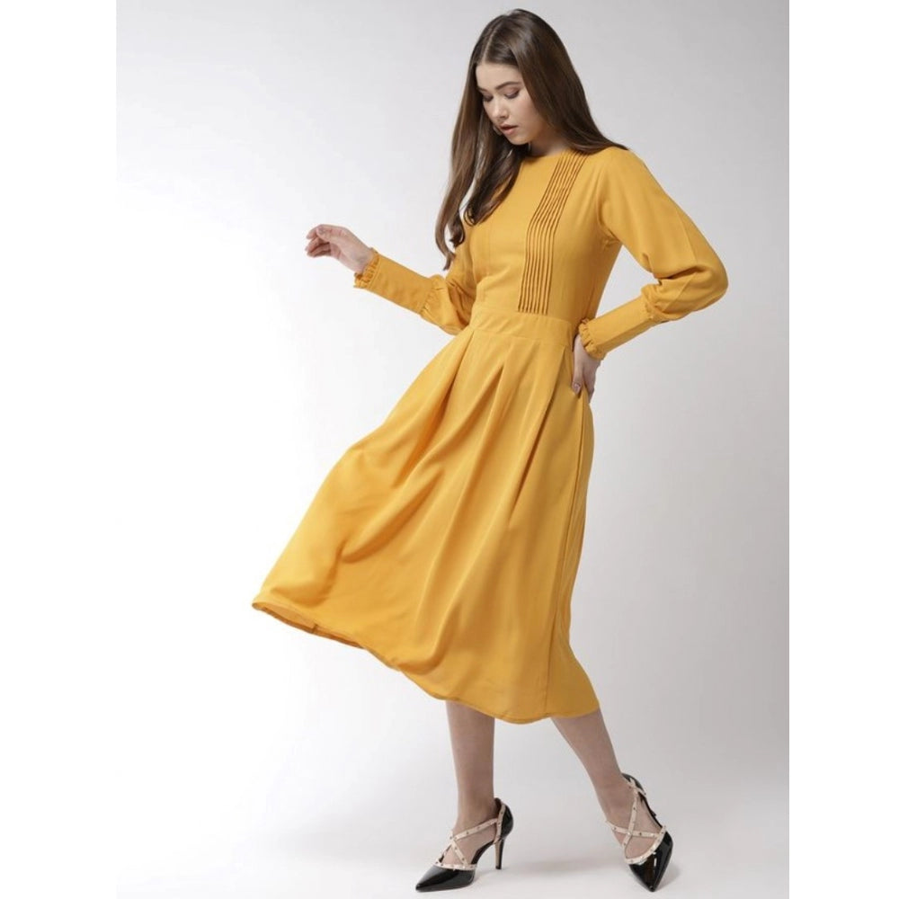 PKRKART Women's Polyester Pintuck Long Sleeves Below Knee Dress (Yellow)
